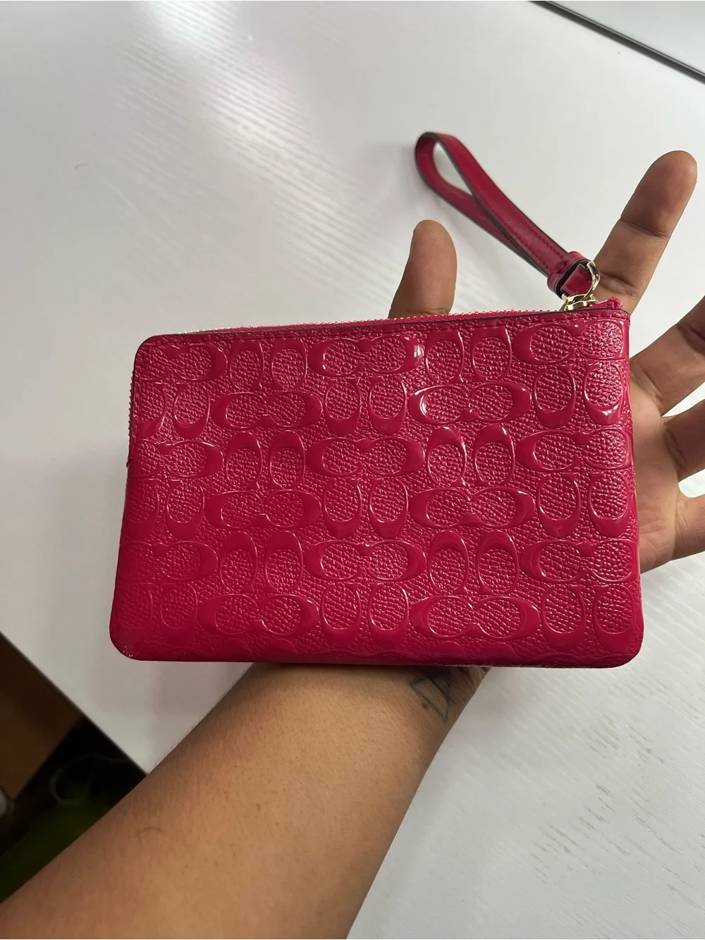Coach HotPink Signature Patent Leather Wristlet